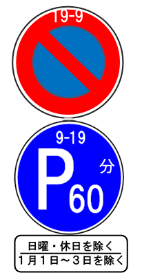 駐車禁止標識と連結している時間制限駐車区間標識の図