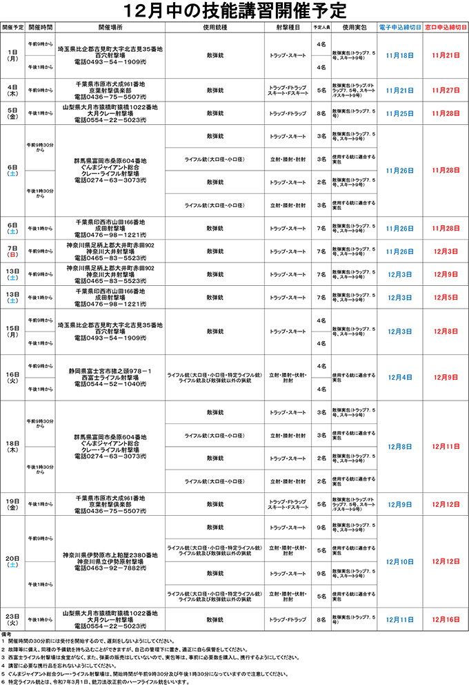 12月中の技能講習開催予定
