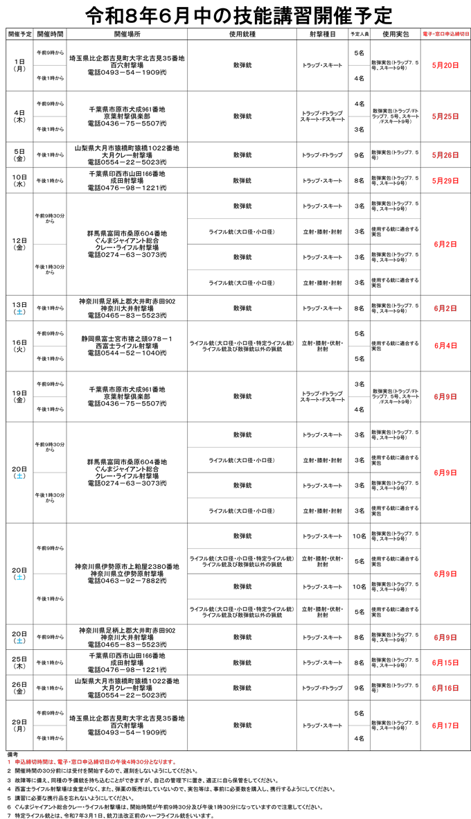 6月中の技能講習開催予定表