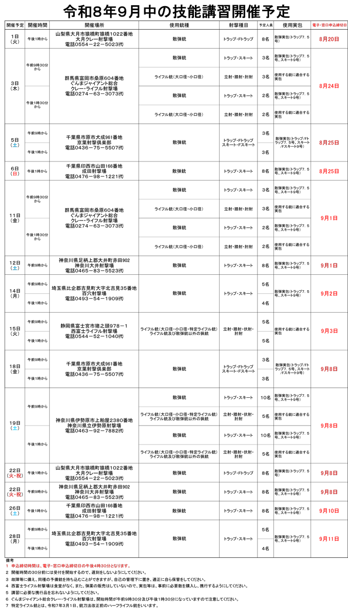 9月中の技能講習開催予定表