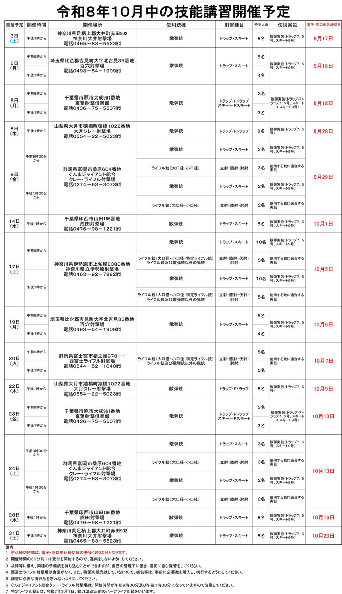 10月中の技能講習開催予定表