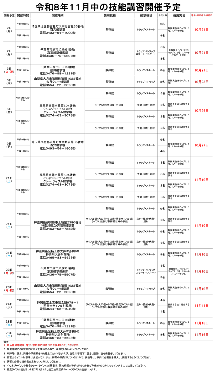 11月中の技能講習開催予定表
