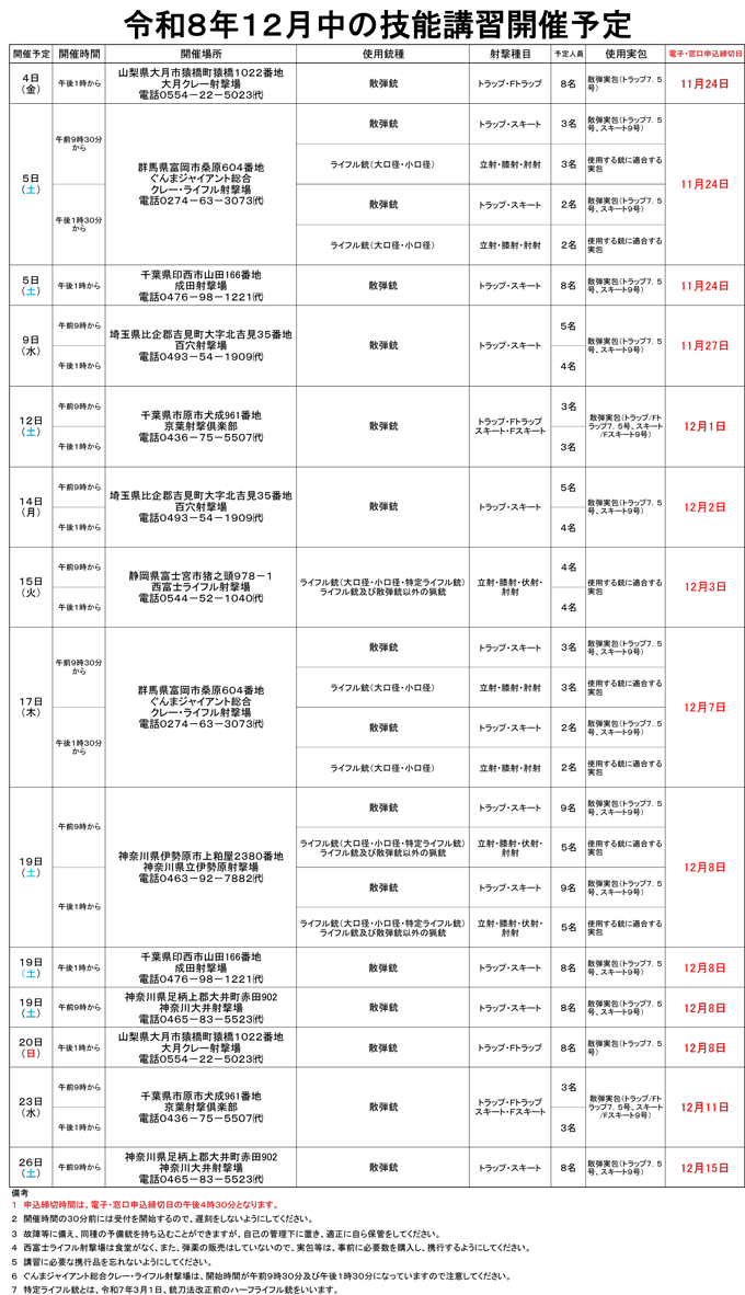 12月中の技能講習開催予定表