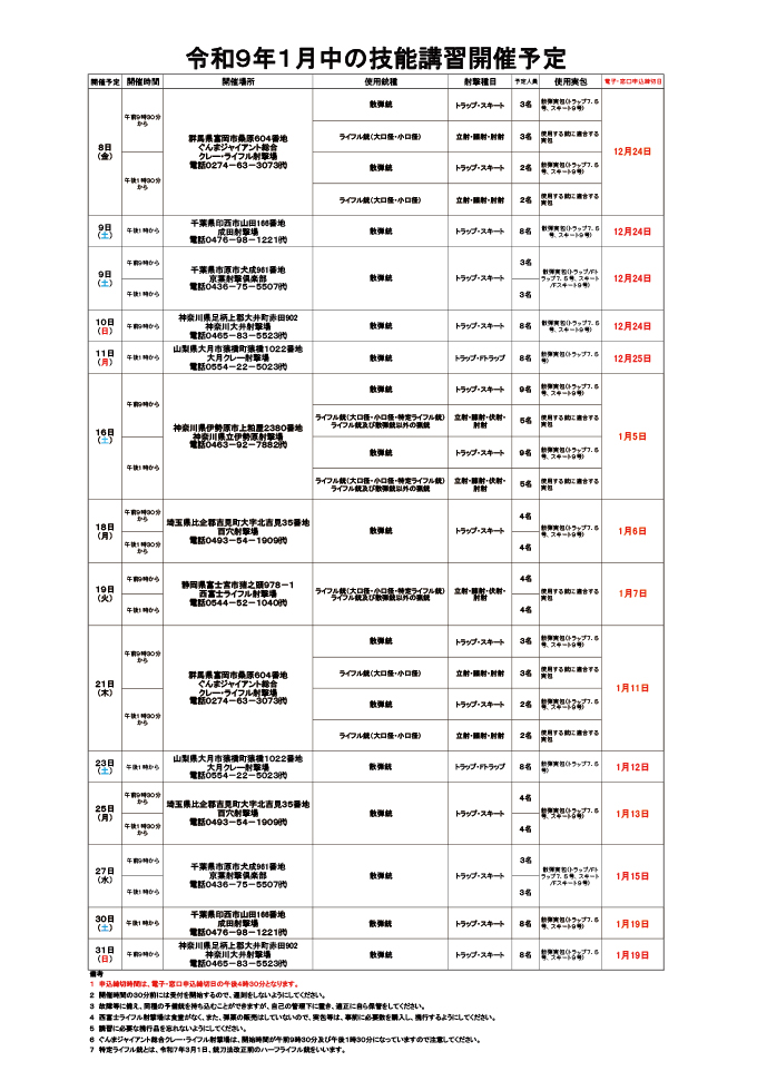 1月中の技能講習開催予定表