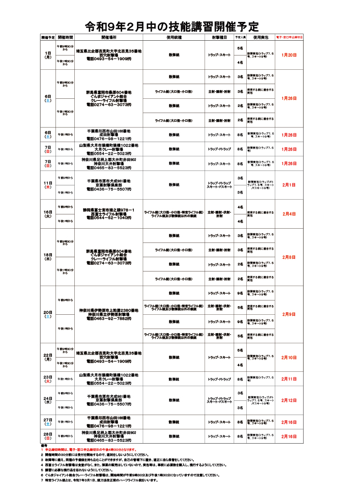2月中の技能講習開催予定表