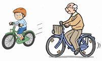 子供と高齢者が自転車に乗っているイラスト