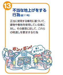 不当な地上げをする行為(前11号)　正当に使用する権利に基づいて、建物や敷地を使用している者に対し、その意思に反して、これらの明渡しを要求する行為