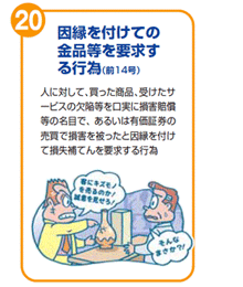 因縁を付けての金品等を要求する行為(前14号)　人に対して、買った商品、受けたサービスの欠陥等を口実に損賠賠償等の名目で、あるいは有価証券の売買で損賠を被ったと因縁を付けて損失補てんを要求する行為