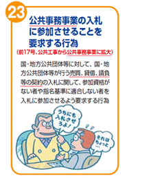 公共事務事業の入札に参加させることを要求する行為(前17号、公共工事から公共事務事業に拡大)　国・地方公共団体等に対して、国・地方公共団体等が行う売買、賃借、請負等の契約の入札に関して、参加資格がない者や指名基準に適合しない者を入札に参加させるよう要求する行為