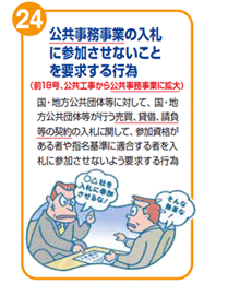 公共事務事業の入札に参加させないことを要求する行為(前18号、公共工事から公共事務事業に拡大)　国・地方公共団体等に対して、国・地方公共団体等が行う売買、賃借、請負等の契約の入札に関して、参加資格がある者や指名基準に適合する者を入札に参加させないよう要求する行為