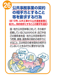 公共事務事業の契約の相手方とすること等を要求する行為(前19号、公共工事から公共事務事業に拡大し、契約相手にすることの要求を追加)　国・地方公共団体等に対して、その者が拒絶しているにもかかわらず、自己や自己の関係者を国・地方公共団体等が行う売買、賃借、請負等の契約の相手方とすること、又は特定の者を契約の相手方としないことをみだりに要求する行為