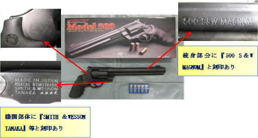 銃身部分に『500 S&W MAGNUM』と刻印あり。機関部体に『SMITH ＆ WESSON TANAKA』等と刻印あり